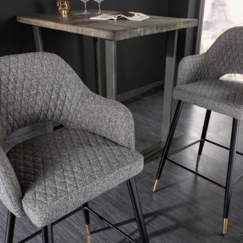 Estila Art deco barová stolička Fribourg so sivo bielym čalúnením na čiernych kovových nožičkách so zlatým detailom 104cm obrázok