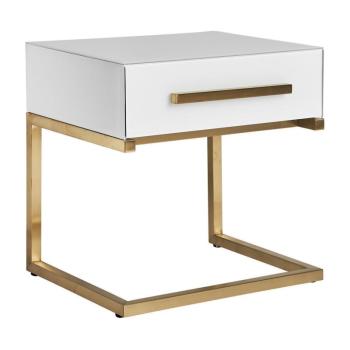 Estila Art-deco biely nočný stolík Flara v matnom sklenenom prevedení so zásuvkou a kovovými nožičkami v zlatej farbe 51cm obrázok