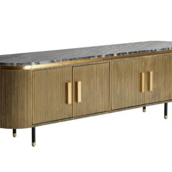 Estila Art deco glamour oválny TV stolík Chamoix v zlatom prevedení s kovovou konštrukciou a čiernou mramorovou doskou 180cm obrázok