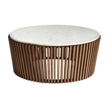 Estila Art deco konferenčný okrúhly stolík Missy z hnedého akáciového dreva a vrchnou doskou z bieleho mramoru 100cm obrázok