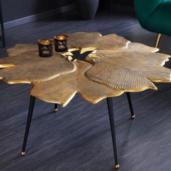 Estila Art deco konferenčný stolík Ginko zlatej farby v tvare listov s čiernymi nožičkami z kovu 90cm obrázok