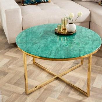 Estila Art-deco konferenčný stolík Gold Marbleux s okrúhlou zelenou doskou s mramorovým vzhľadom a podstavou v zlatej farbe 80cm obrázok