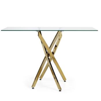 Estila Art deco konzola Brilia s prekríženými nohami zlatej farby a sklenenou povrchovou doskou 120cm obrázok