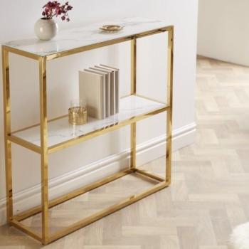 Estila Art deco konzolový stolík Gold Marbleux odbĺžnikový so zlatou lesklou konštrukciou a mramorovými poličkami 80cm obrázok