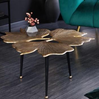 Estila Art-deco kovový konferenčný stolík Ginko v zlatej farbe s troma čiernymi nožičkami 75cm obrázok