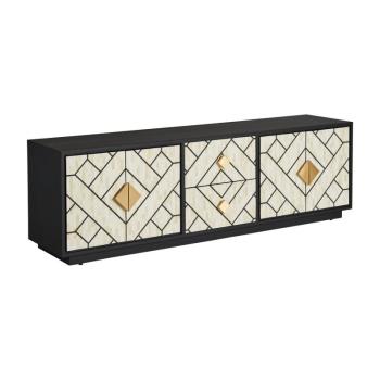 Estila Art deco kovový TV stolík Anisa v čierno-bielom prevedení so zásuvkami a dvierkami so zlatým zdobením 180cm obrázok