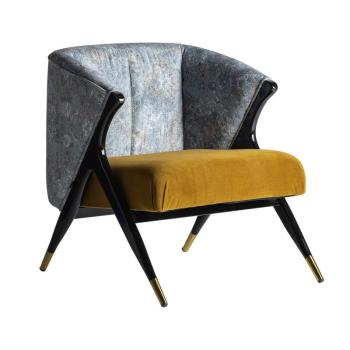 Estila Art-deco kreslo Anabella s modrým vzorovaným a horčicovo žltým čalúnením s čiernymi drevnými nožičkami 81cm obrázok