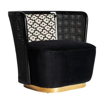 Estila Art-deco kreslo Brilon s čierno bielym vzorovaným zamatovým čalúnením s ratanovými opierkami a zlatou podstavou 83cm obrázok