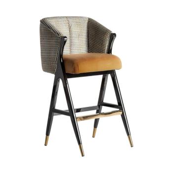 Estila Art-deco luxusná barová stolička Brilon v horčicovom poťahu so vzorom na vysokých drevených nohách 107cm obrázok