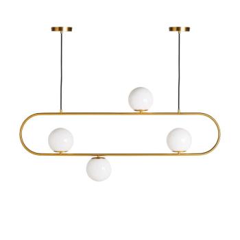 Estila Art-deco luxusné závesé svietidlo Esme so zlatou geometrickou konštrukciou z kovu so štyrmi bielymi tienidlami zo skla 119cm obrázok