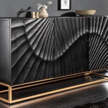 Estila Art-deco luxusný príborník Cumbria v čiernom prevedení z masívneho mangového dreva a zlatými nožičkami 140cm obrázok