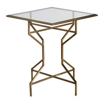 Estila Art-deco luxusný príručný stolík Amuny so železnou tvarovanou konštrukciou v zlatej farbe a sklenenou doskou 60cm obrázok
