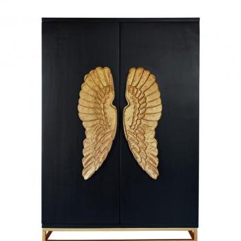 Estila Art deco mangová barová skrinka Angela v čiernom prevedení so zlatými kovovými nožičkami a mohutnými krídlami 140cm obrázok