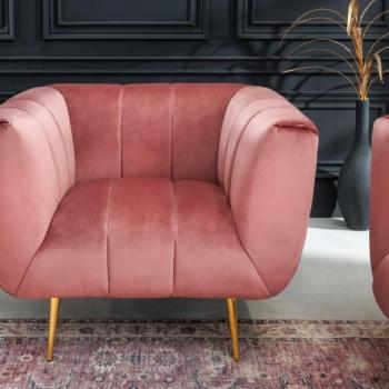 Estila Art deco moderné kreslo Vermont v staroružovom zamatovom čalúnení na zlatých nožičkách 105cm obrázok