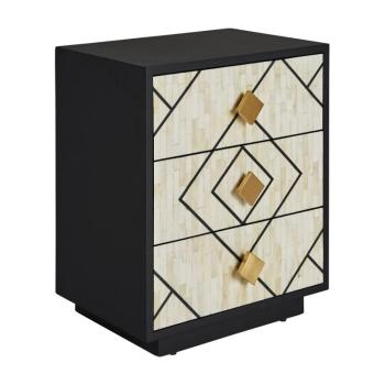 Estila Art deco nočný stolík Anisa čiernej farby z kovu s tromi bielymi zásuvkami s intarziou z kostí 60cm obrázok