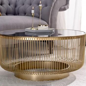 Estila Art deco okrúhly konferenčný stolík Esme so zlatou kovovou konštrukciou a čiernou sklenenou doskou 80cm obrázok