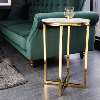 Estila Art-deco okrúhly príručný stolík Gold Marbleux so sklenenou doskou v prevedení biely mramor a podstavou v zlatej farbe 61cm obrázok