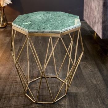 Estila Art-deco príručný stolík Diamond Marble s kovovou podstavou v zlatej farbe v prevedení zelený mramor 50cm obrázok