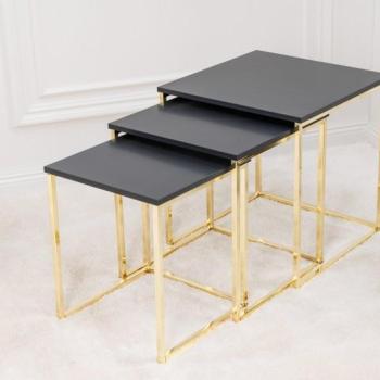 Estila Art deco sada troch príručných stolíkov Trastoll štvorcového tvaru v antracitovom prevedení so zlatými nožičkami 42cm obrázok