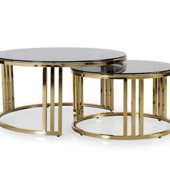 Estila Art-deco set dvoch okrúhlych konferenčných stolíkov Brilia v zlatej farbe s tmavým temperovaným sklom obrázok