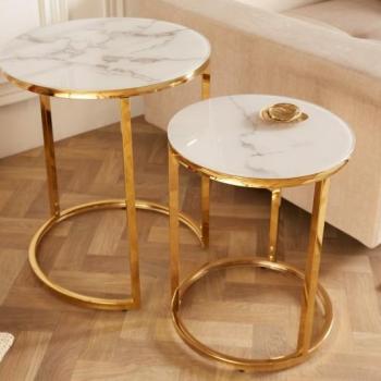 Estila Art-deco set príručných stolíkov Gold Marbleux v modernom štýle s kovovou postavou zlatej farby s mramorovým vzhľadom 60cm obrázok