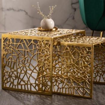 Estila Art-deco set štvorcových konferenčných stolíkov Hoja zlatej farby obrázok