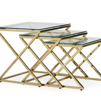 Estila Art deco set troch sklenených príručných stolíkov Brilia s kovovou konštrukciou lesklej zlatej farby obrázok