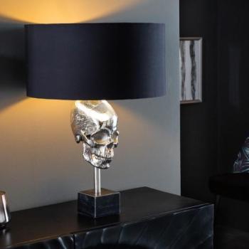 Estila Art deco strieborná stolná lampa Uma s kovovou lebkou, čiernym okrúhlym tienidlom a mramorovou podstavou 56cm obrázok