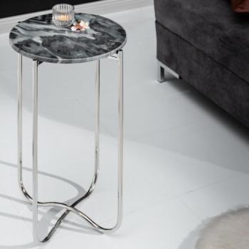 Estila Art-deco strieborný okrúhly príručný stolík Noble s mramorovou povrchovou doskou a kovovou konštrukciou 35cm obrázok