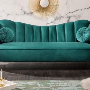 Estila Art-deco štýlová tyrkysová zamatová sedačka Meridea na nožičkách zlatej farby 220cm obrázok