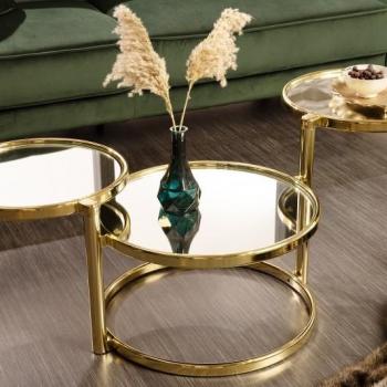 Estila Art deco trojitý príručný stolík Meredith so zlatou kovovou konštrukciou a doskami so zrkadlovým efektom obrázok