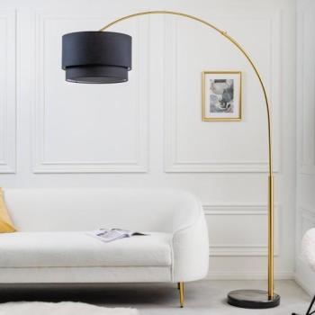 Estila Art deco vysoká stojaca lampa Kara so zlatým kovovým stojanom a čiernym tienidlom okrúhleho tvaru 214cm obrázok