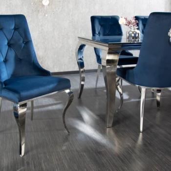 Estila Baroková dizajnová jedálenská stolička Glamour s chrómovou konštrukciou a modrým zamatovým čalúnením 102cm obrázok