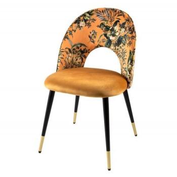 Estila Čalúnená art deco stolička Floreque v zlato-žltej farbe s tropickým vzorom a čiernymi nožičkami 83cm obrázok