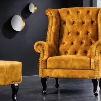 Estila Chesterfield kreslo Cella so zamatovým čalúnením v horčicovo žltej farbe s tmavohnedými masívnymi nožičkami 105cm obrázok