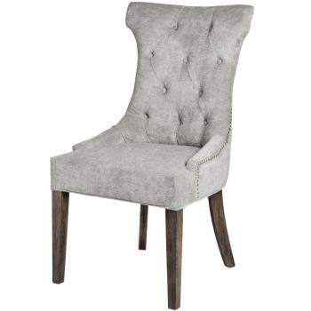 Estila Chesterfield luxusná jedálenská stolička Thatcher sivá so striebornými aplikáciami a nohami z dreva 102cm obrázok
