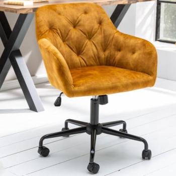 Estila Chesterfield zamatová kancelárska stolička Berthe na kolieskach v žltom poťahu 89cm obrázok