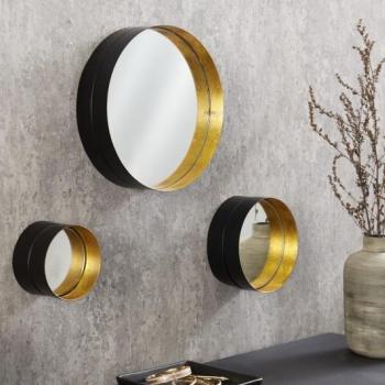Estila Dizajnový art deco set troch nástenných zrkadiel Patagonia s okrúhlym kovovým rámom zlatej a čiernej farby obrázok