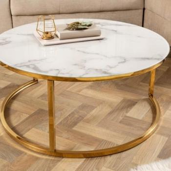 Estila Dizajnový konferenčný stolík Gold Marbleux s okrúhlou modernou vrchnou doskou s mramorovým vzhľadom a zlatou podstavou 80cm obrázok