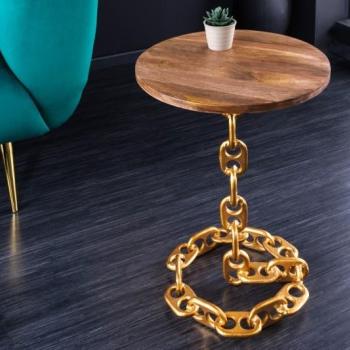 Estila Dizajnový okrúhly príručný stolík Belime Gold s ozdobnou zlatou konštrukciou z kovu a mangovou vrchnou doskou 54cm obrázok