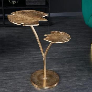 Estila Dizajnový príručný stolík Ginko v art deco štýle s dvoma doskami v tvare listu v zlatej farbe 56cm obrázok