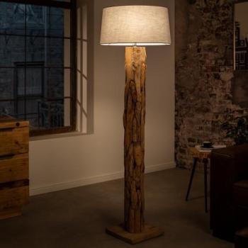 Estila Drevená Etno stojaca lampa Adelise z teakového dreva so sivým ľanovým tienidlom 134cm obrázok