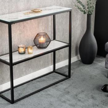Estila Industriálna konzola Industria Marbleux so sklenenou doskou v prevedení biely mramor s čiernou kovovou konštrukciou 81cm obrázok