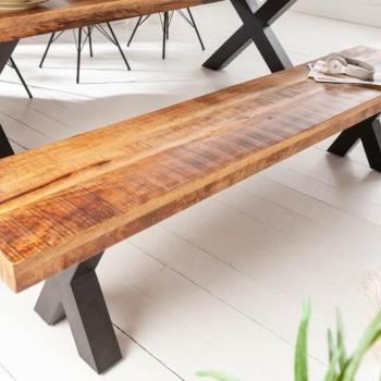 Estila Industriálna moderná lavica Steele Craft z masívneho mangového dreva hnedej farby a s čiernymi prekríženými nohami 160cm obrázok
