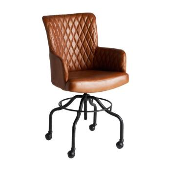 Estila Industriálne vintage kancelárske kreslo Lynette s hnedým koženým čalúnením a čiernou kovovou konštrukciou na koliečkach 95cm obrázok