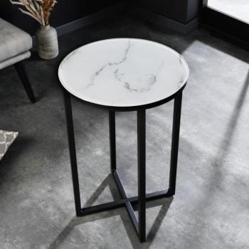 Estila Industriálny biely príručný stolík Industria Marbleux v modernom prevedení s mramorovým dizajnom a kovovou podstavou 60cm obrázok