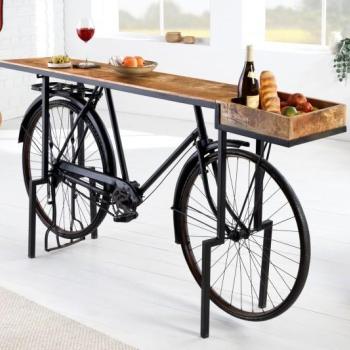 Estila Industriálny dizajnový barový pult Bicycle s masívnou doskou a čiernou podstavou s kolesami 194cm obrázok