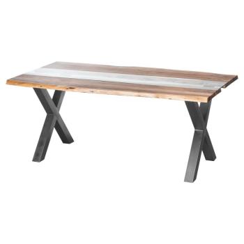 Estila Industriálny jedálenský stôl Live Edge z hnedého dreva so sklenenou aplikáciou a čiernymi prekríženými nožičkami 180cm obrázok