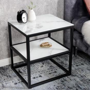 Estila Industriálny nočný stolík Industria Marbleux z bezpečnostného skla s bielym mramorovým vzhľadom s čiernou kovovou podstavou 45cm obrázok