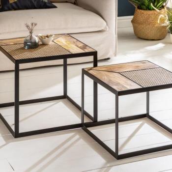 Estila Industriálny set dvoch štvorcových príručných stolíkov Elements z masívneho mangového dreva s kovovým rámom 45cm obrázok